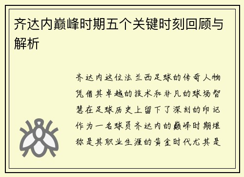 齐达内巅峰时期五个关键时刻回顾与解析