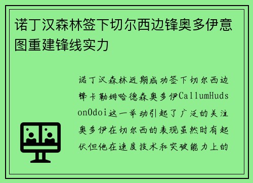 诺丁汉森林签下切尔西边锋奥多伊意图重建锋线实力