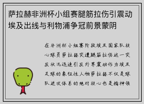 萨拉赫非洲杯小组赛腿筋拉伤引震动埃及出线与利物浦争冠前景蒙阴 萨拉赫非洲杯小组赛腿筋拉伤引震动埃及出线与利物浦争冠前景蒙阴